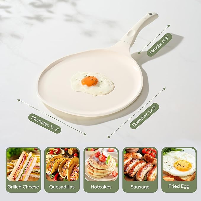 Redchef Nonstick Crepe Pan 12 Inch with Ceramic Coating, Non Stick Flat Skillet, Professional Pancake Griddle Pan, Induction Compatible, PFAS/PFOA/PTFE Free, Stay-Cool Handle (Beige White)