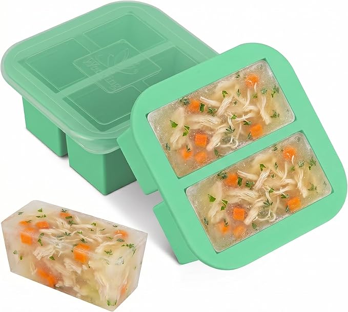 Silicone Freezer Tray with Lid 2 Pack Silicone Freezer Molds Ice Cube Tray Makes 4 Perfect 1 Cup Portions Soup Cubes Meal Prep Containers- Oven & Dishwasher Safe
