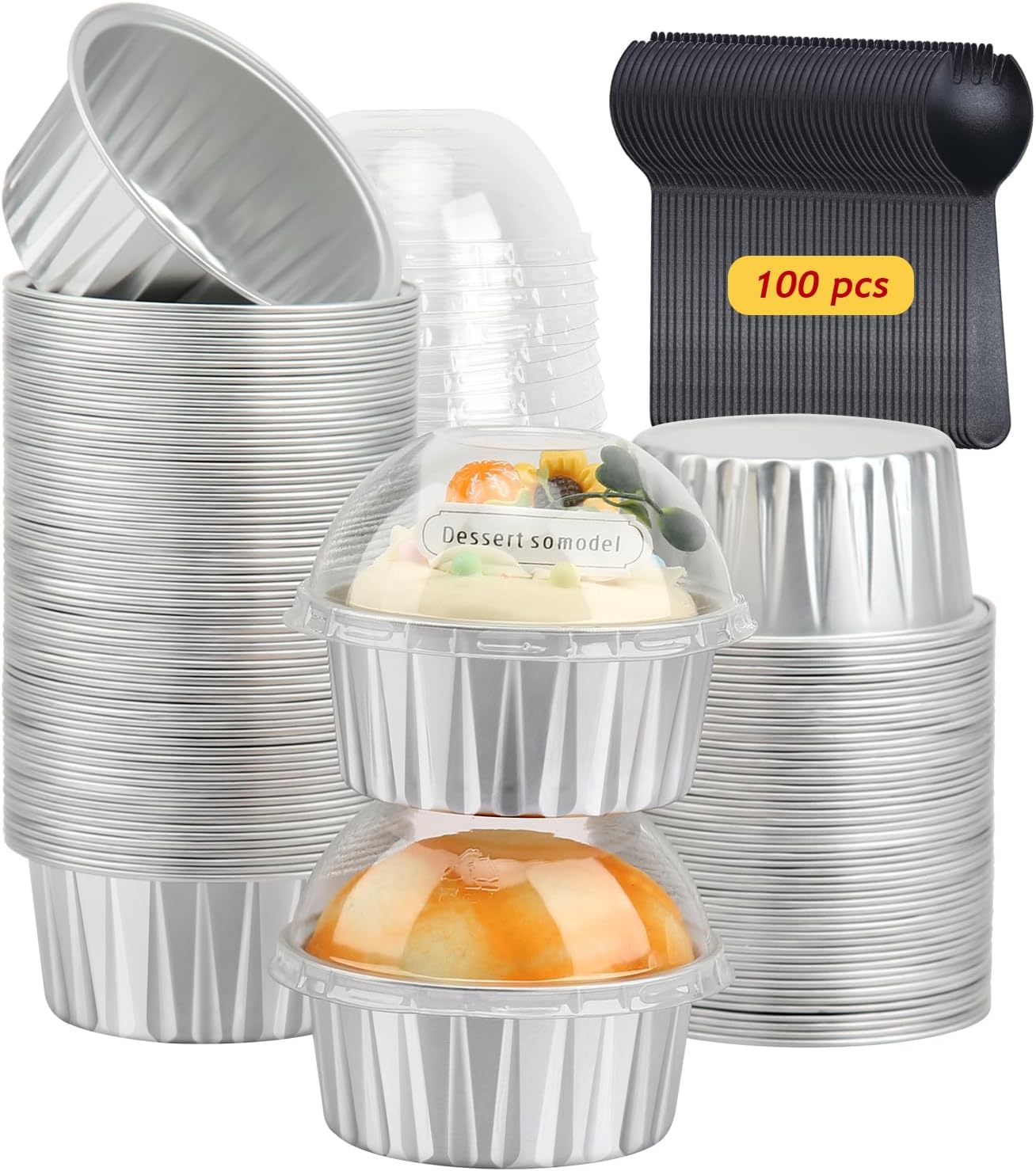 LNYZQUS 5oz Cupcake Pans Muffin Tins with Lids 100 Pack, Aluminum Foil Mini Cake Baking Pans,Small Baking Cups Containers,Disposable Ramekins Muffin Cups -Silver