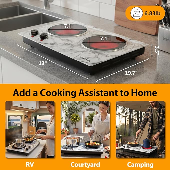 CUSIMAX Hot Plate, 1800W Double Burner Electric Hot Plate for Cooking, Dual Control Portable Infrared Stove Countertop Cooktop, Heat-up in Seconds, Stainless Steel White Marble