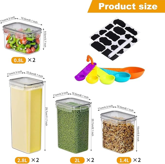 8 Pack Airtight Food Storage Containers with Lids, BPA Free Clear Pantry Storage Container for Kitchen Food Pantry Organizers and Storage, Plastic Pantry Organiser for Cereal,Flour and Sugar