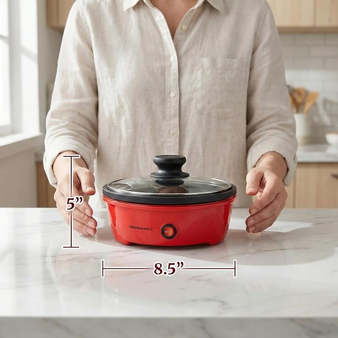 Elite Gourmet EGL-6101 Personal Stir Fry Griddle Pan, Rapid Heat Up, 650 Watts Non-stick Electric Skillet with Tempered Glass Lid, Red