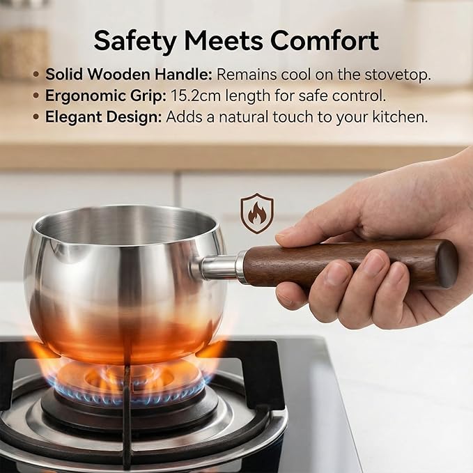 17oz Stainless Steel Sauce Pot with Heat Resistant Wooden Handle, Butter Warmer Milk and Coffee Warmer, Chocolate Melting Pot, Mini Sauce Pan for Coffee