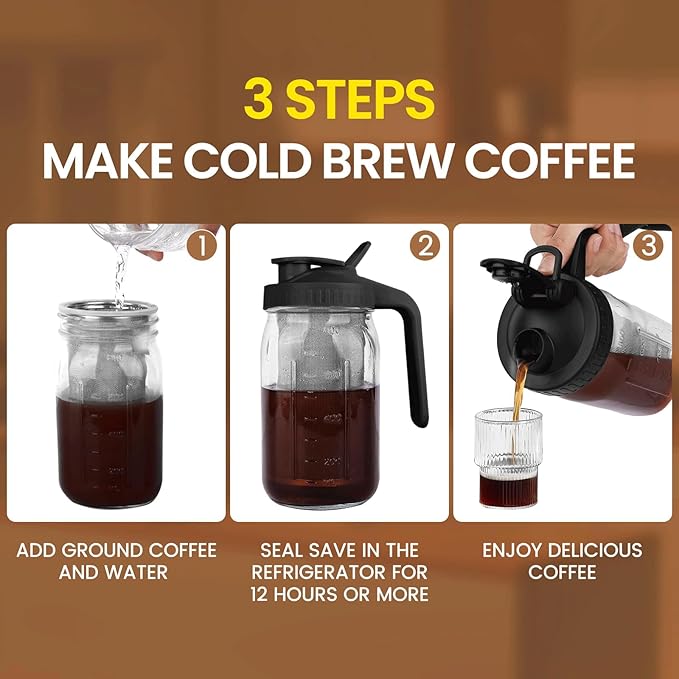 Cold Brew Coffee Maker,32 Oz Mason Jar Pitcher with Stainless Steel Filter, Pour Spout Handle Lid, Heavy Duty Glass Airtight & Leak-Proof for Iced Coffee Tea Breastmilk Lemonade-Black