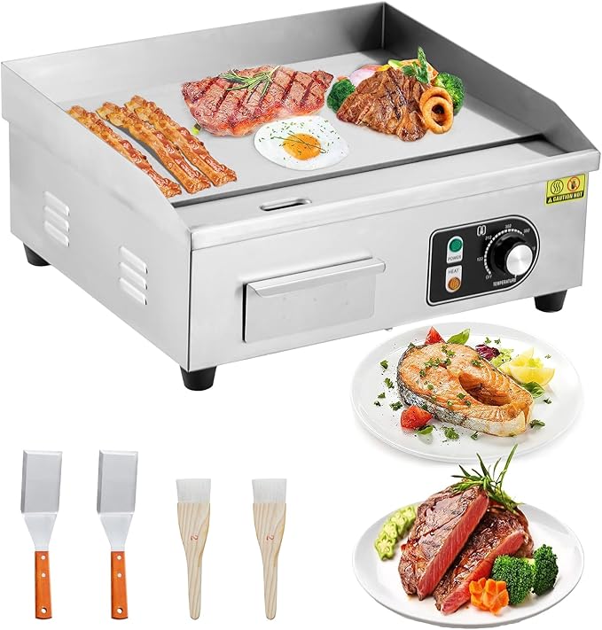 Takywep 18 Inch Electric Griddle, 1600W Electric Countertop Griddle, Non-Stick Restaurant 110V Teppanyaki Flat Top Grill Stainless Steel Adjustable Temperature Control 122°F-572°F (with PLUG)