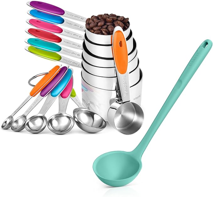 U-Taste 12 Piece Measuring Cups and Spoons Set in 18/8 Stainless Steel, and 600ºF Heat Resistant 13 inch Large Non-Stick Silicone Soup Ladle (Aqua Sky)