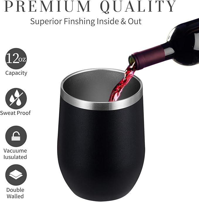 MEWAY Stemless 12oz Wine Tumbler Glasses with Lid -Insulated Double Wall Vacuum Stainless Steel Travel Tumbler with Straw,for Woman Under 10 dollars(Black,1)