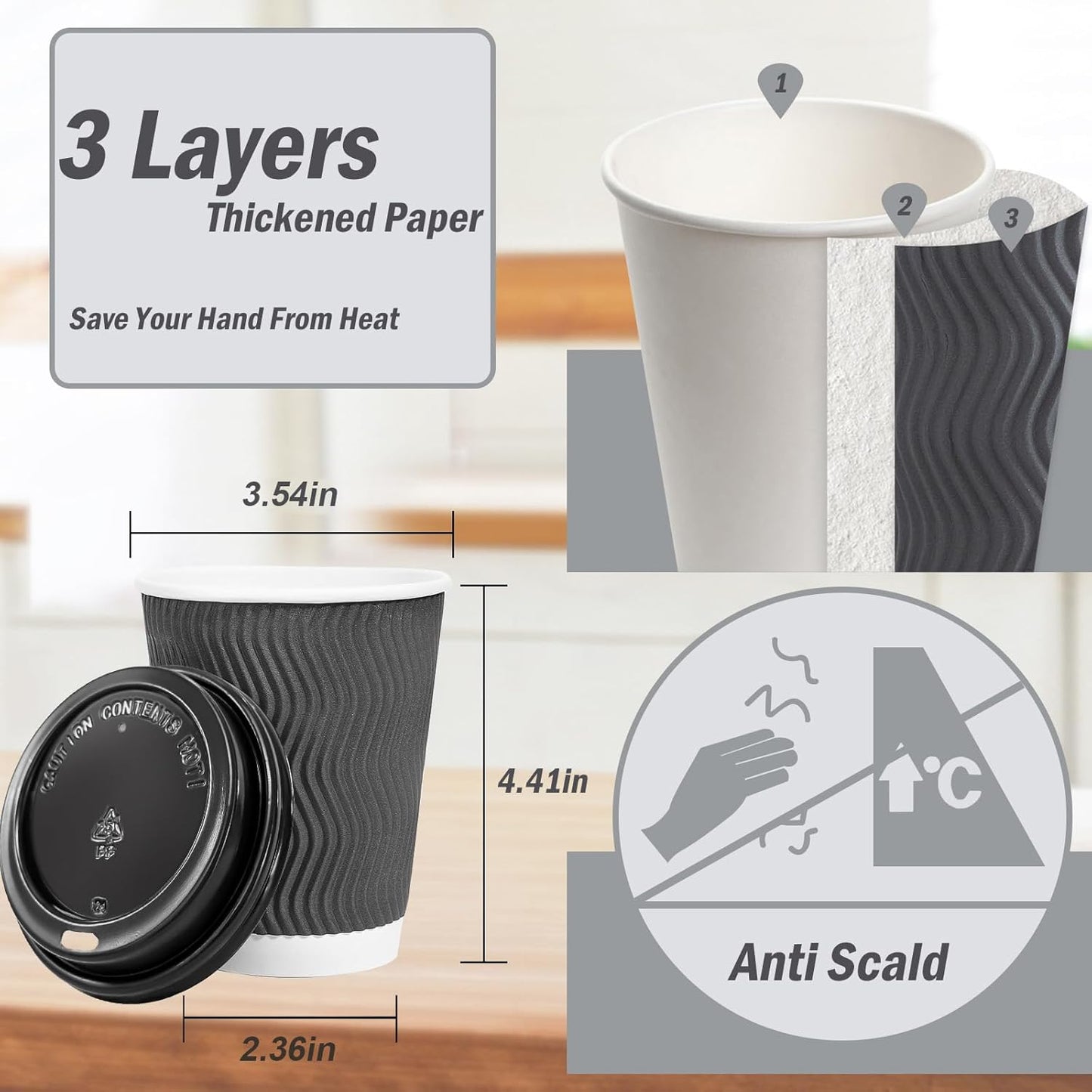 Lamosi 500 Pack - 12 oz Insulated Disposable Coffee Cups with Lids, To Go Paper Coffee Cups with Lids, Corrugated Ripple Wall Cup for Hot Drink Office Coffee Bar (Grey)