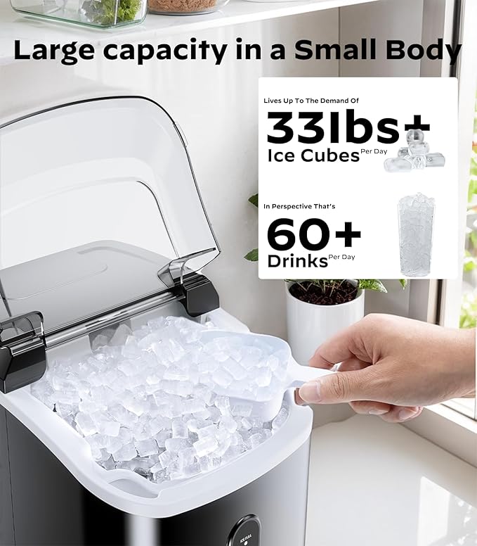 Nugget Ice Makers Countertop, Pellet Ice Machine with Self-Cleaning Function, Nugget Ice Machine Produces 33 lbs of Chewable Ice in 24 Hours, Sonic Ice Maker Perfect for Home Kitchens Party Camping