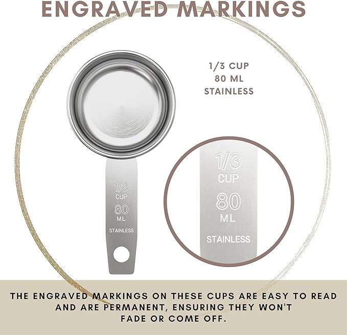 1/3 Cup Stainless Steel Measuring Cup | Sturdy Metal 80 ml | 80 cc | 3 oz | Single Cup for Wet and Dry Ingredients | Great for use as 1/3 Cup Dog Food Scoop - 12 PK