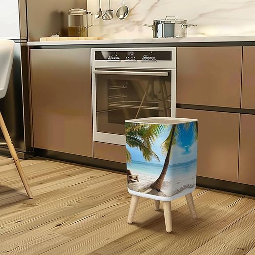 Small Trash Can with Lid Tropical Beach Caribbean sea Saona Island Dominican Republic Wastebasket with Press Cover Dog Proof Garbage Can Waste Bin for Kitchen Bathroom Nursery 2.6 Gallon