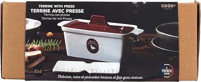 Saveur et Degustation KC2301 Foie Gras Terrine with Press, Ceramic, Red/White, 25.5 x 11 x 27 cm