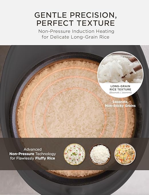 CUCKOO Non-Pressure Rice Cooker 8-Cup Uncooked / 16-Cup Cooked with Induction Heating Technology, Versatile Rice Maker with 12 Menu Options and Steam Plate, Voice Guide, Gray (CR-HA0810FG)