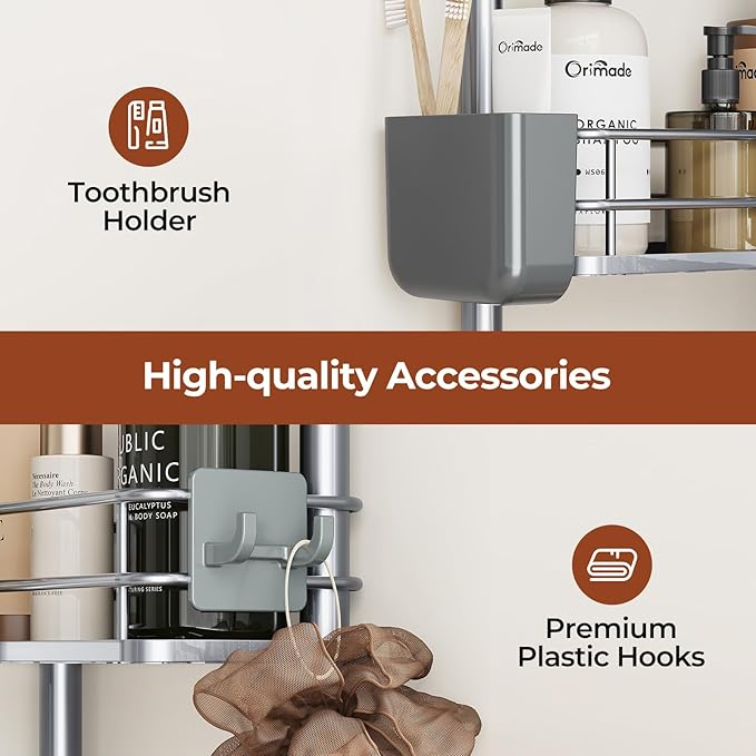 Orimade Rustproof 4 Tier Floor Standing Corner Shower Caddy Organizer with Toothbrush Holder, Large Spacing Floor Shower Shelf Rack Storage Stands with Hooks for Bathroom Kitchen, Silver