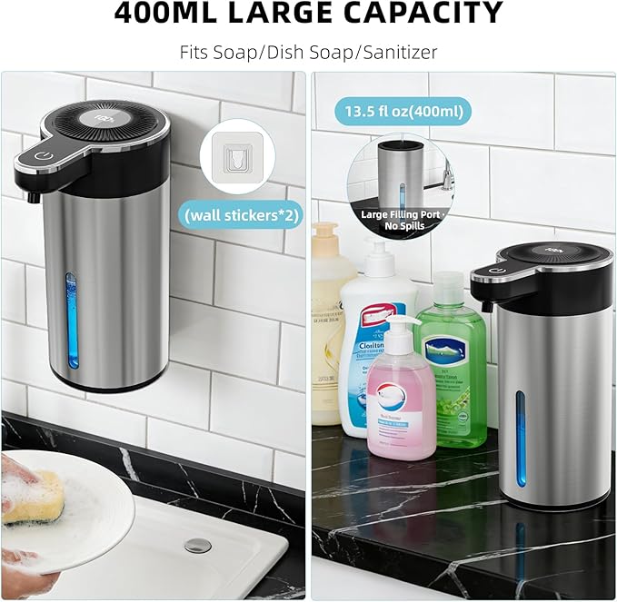 Automatic Foaming Soap Dispenser Touchless, Clog-Free Pump, 0.2s Fast Sensor, USB-C Rechargeable &13.5 oz/400ml Rechargeable, 4 Adjustable Liquid Levels, IPX5 Waterproof,Level Display