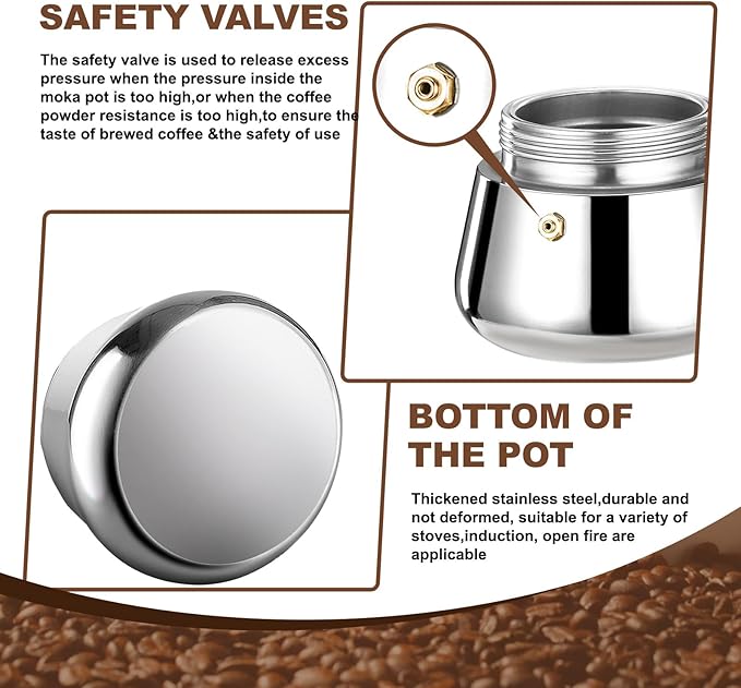 6 Cup Stovetop Espresso Maker Stainless Steel Moka Pot Stove Top Percolator Italian Coffee Makers Capable Mocha Greca Machine Cafe Classic Induction Cookers for Home and Camping 300ml 10oz
