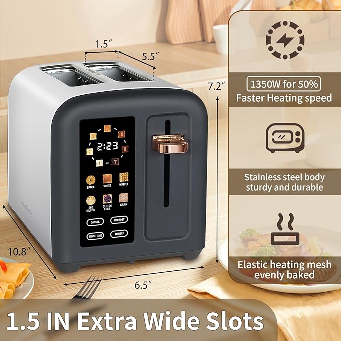 SEEDEEM Toaster 2 Slice, Full Touch Control Stainless Toaster, LCD Display, 50% Faster Heating Speed, 6 Bread Type, 7 Shade Setting, 1.5''Wide Slots, Removable Crumb Tray, 1350W, Dark Chocolate
