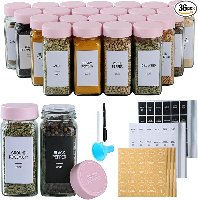 36 Glass Spice Jars with Labels, Spice Jar Set, 4oz Seasoning Containers, Spice Containers with Pink Airtight Lids and Shaker Lids, Square Empty Spice Bottles, 492 Labels, 1 Funnel