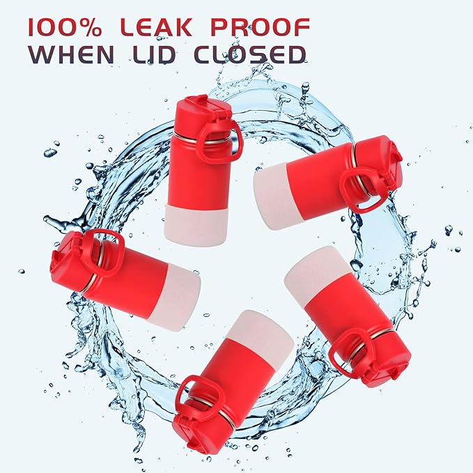Volhoply 14oz KIds Water Bottle with Straw Lid and Silicone Boot Bulk 6 Pack,Stainless Steel Insulated Cups for Boys & Girls Multipack,Double Wall Vacuum Leakproof Bottles(Red,6)