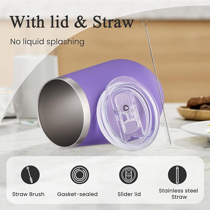 MEWAY 12oz Stainless Steel Wine Tumbler with Lid and Straw - Double Wall Stainless Steel Coffee Mug, Gift for Woman Under 10 dollars， 12 Pack Bulk tumblers(Purple,Set of 12)