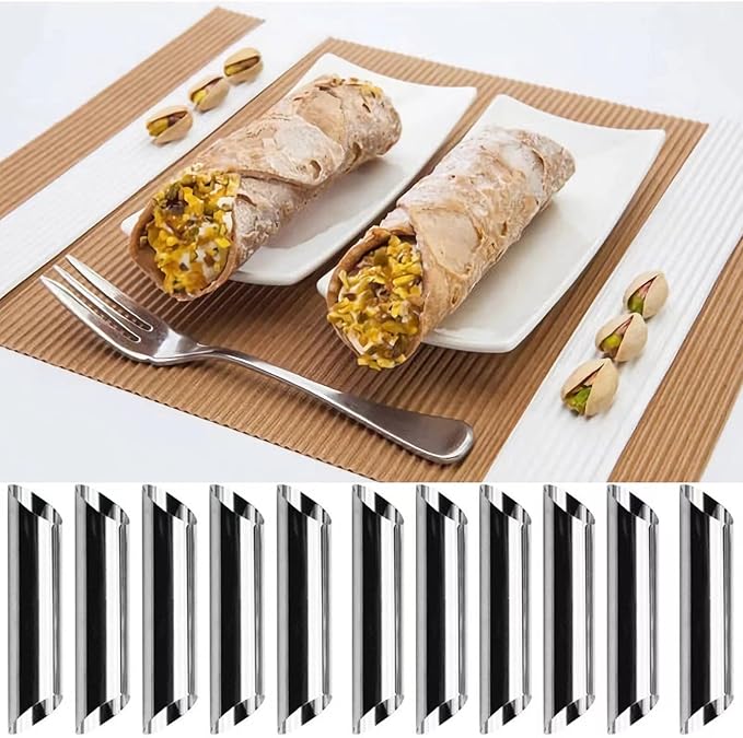 10 Pack Croissant Baking Forms 5 Inch + 10 Pack 5 Inch Cannoli Tube Moulds Kit, with Blue Pastry Bags Reusable, Cleaning Brush and Quality long Cream Icing Piping Tip for DIY Croissant Rolls