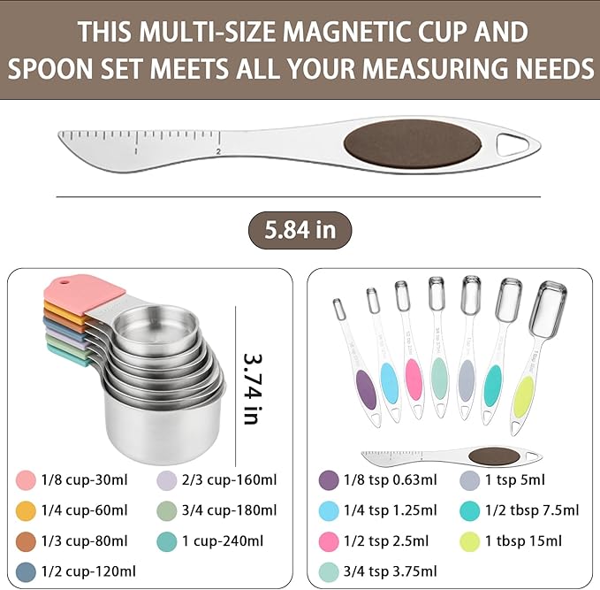 Magnetic Measuring Cups and Spoons Set, 7 Stainless Steel Measuring Cups and 7 Rectangular Metal Teaspoon with 1 Leveler for Cooking & Baking (Colorful)
