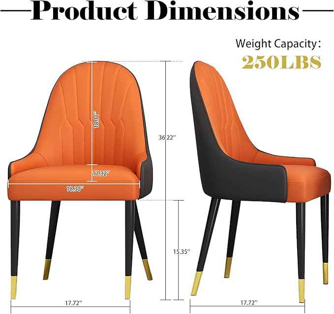AF ARTISAN FURNITURE Orange Dining Chairs Set of 2 with High Backs Mid Century Modern Kitchen Dining Room Chairs PU Faux Leather Upholstered Large Padded Accent Chair with Legs