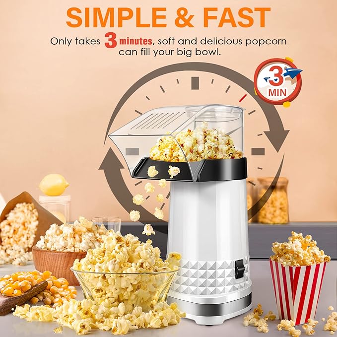 4.5 Quarts No Oil Electric Popcorn Machine with Measuring Cup + Melts Butter, Quick & Easy Hot Air Popcorn Popper Maker with On/Off Switch, Etl Certified, Air Popper for Movie Nights Parties(White)