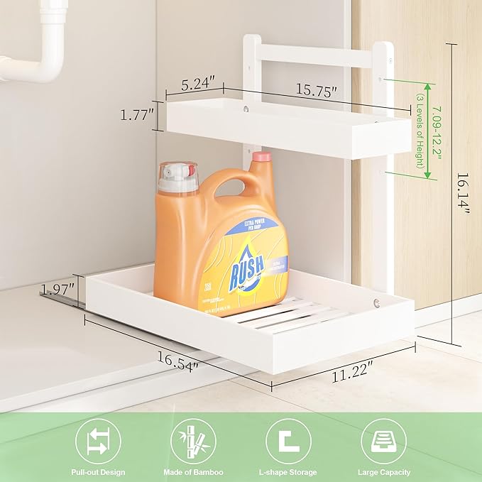 Under Sink Organizer - 1-Tier Pull Out Cabinet Organizer Vertical Slide Out Sink Shelf Storage Shelves for Multi-Purpose Bath Kitchen Bathroom Medicine (White, 1 Pack)