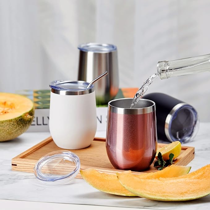 COMOOO Stainless Steel Wine Tumbler with Lid and Straw 12oz Double Wall Vacuum Insulated Travel Tumbler Cup for Coffee, Wine, Cocktails, Champagne (Black White Silver and Rose Gold, 16 Pack)