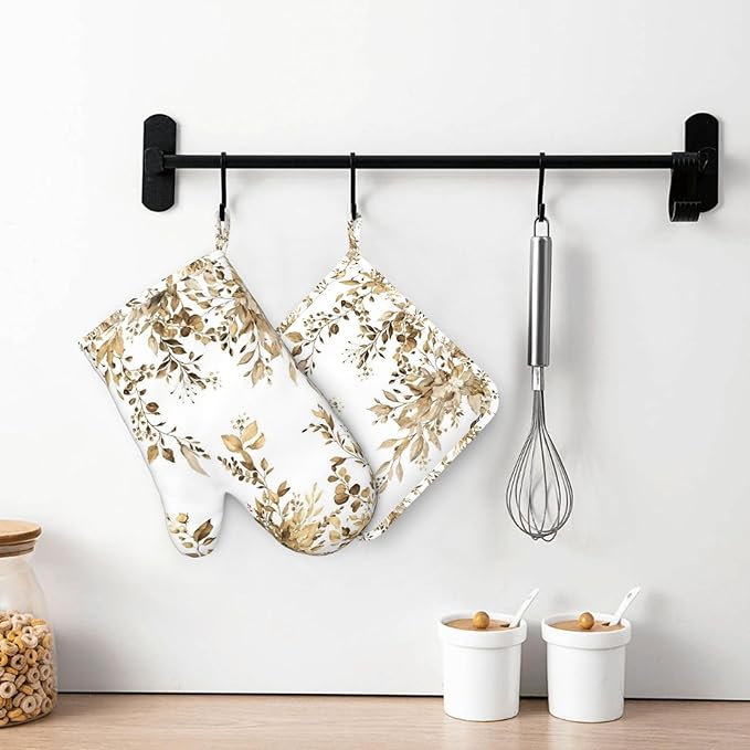 Brown Eucalyptus Oven Mitts and Pot Holders Set, 4pcs Silicone Watercolor Plant Leaves with Floral Oven Glove for Kitchen Heat Resistant Oven Mitts and Potholders Non-Slip for Cooking