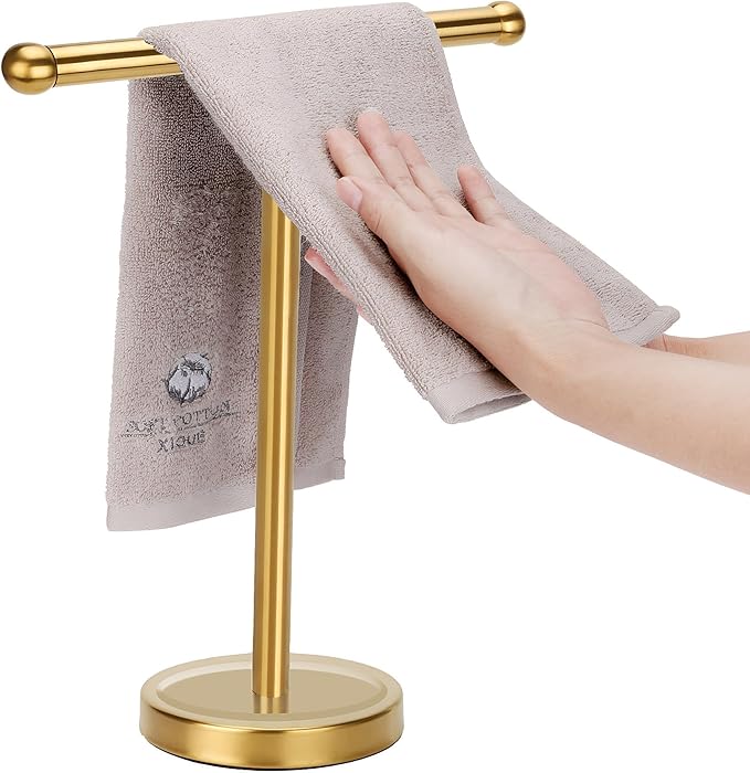 Gold Hand Towel Holder Stand with Heavy Stainless Steel Base, T-Shape Towel Rack, Free-Standing Towel Holder Countertop for Bathroom (Brushed Gold)