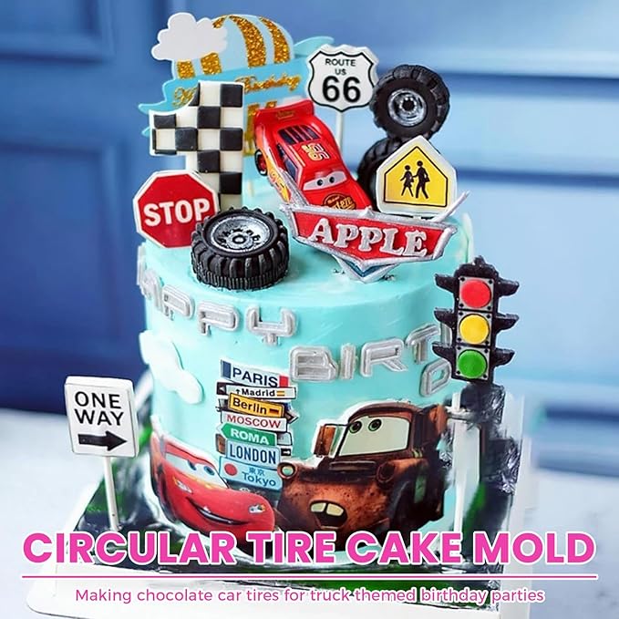 4 Pcs Fondant Molds, 3D Wheel Tire Mold Silicone Set for Cake Decorating, Realistic Tire Chocolate Candy Molds for Cupcake Topper, Polymer Clay, Baking & DIY Crafts
