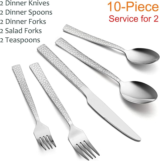 E-far 10-Piece Hammered Silverware Set, Stainless Steel Square Flatware Set Service for 2, Tableware Cutlery Set Includes Forks Spoons Knives, Modern Design & Mirror Polished - Dishwasher Safe