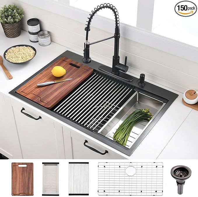 33 Inch Black Drop In Kitchen Sink Workstation - VOKIM 33x22-Inch Drop In Sink Stainless Steel Top Mount 16 Gauge Single Bowl 10'' Deep Handmade Kitchen sink with Cutting Board& Strainer