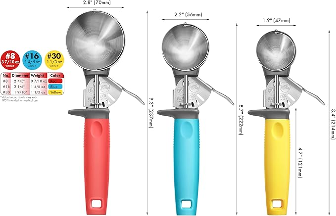 New New Star Foodservice Commercial-Grade Thumb Press Food Disher/Ice Cream Scoop, 3-Pack, #8 Red + #16 Blue + #30 Yellow, 18-8 Stainless Steel, NSF Certified
