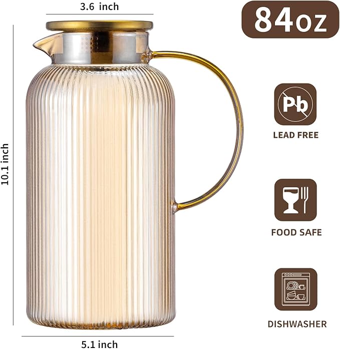 Buaic Glass Pitcher with Lid, 84oz/2.5 Liter Amber Classic Vertical Stripes Water Pitcher,Glass Water Carafe for Cold Brew, Coffee, Lemonade, Iced Sun Tea,Beverage, Milk, Heat Resistant