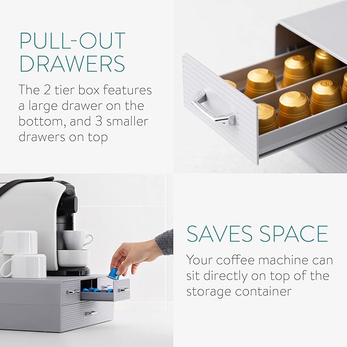 Navaris Coffee Pod Holder with 4 Drawers - Compatible with Nespresso, CBTL, K-Cups, Verismo - Capsule Storage Organizer 2-Tier Container Box - Gray