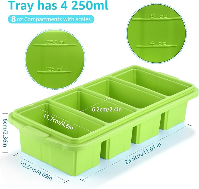 Ztomine Silicone Freezer Tray With Lid - Silicone Freezer Food Molds- Large Ice Cube Tray,Silicone Freezer Container,Freeze & Store Soup, Sauce, Broth,Leftovers - Makes 4 Perfect 1 Cup