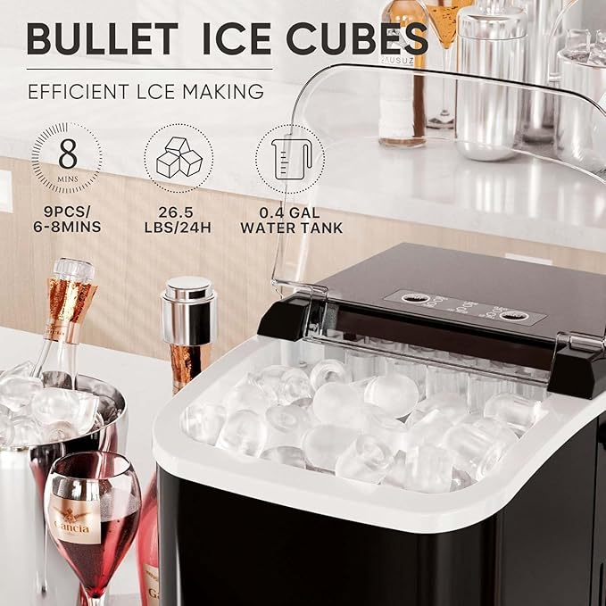 DUMOS Countertop Ice Maker with Handle, 26lbs/24H Portable Ice Machine, 9 Bullet Ice Cubes Ready in 6 Mins, Self-Cleaning, Quiet Compact Ice Maker for Home, Kitchen, RV, Camping, Black