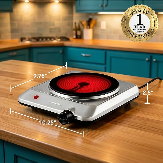 OVENTE Countertop Infrared Single Burner, 1000W Electric Hot Plate w/ 7.5” Ceramic Glass Cooktop, 6 Level Temperature Setting & Easy to Clean Base, Compact Stove for Home Dorm Office, Silver BGI201S
