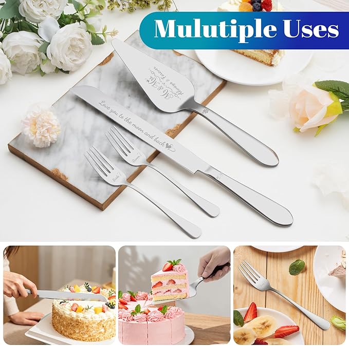 Eisinly Cake Cutting Set for Wedding, Elegant Cake Knife and Server Set with Stainless Steel Forks, Cake Cutter and Pie Spatula for Engagements, Anniversary, Bride and Groom, 4 Pcs, Silver