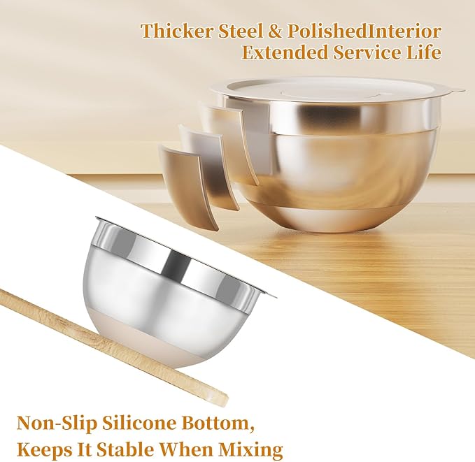 Fyrnova Mixing Bowls with Lids Set, 6 Piece Stainless Steel Nesting Storage Bowls for Kitchen, with 3 Grater Attachments & Non-Slip Bottoms, Size 5.5,3.5,2.5,2.1,1.5,1.1 QT