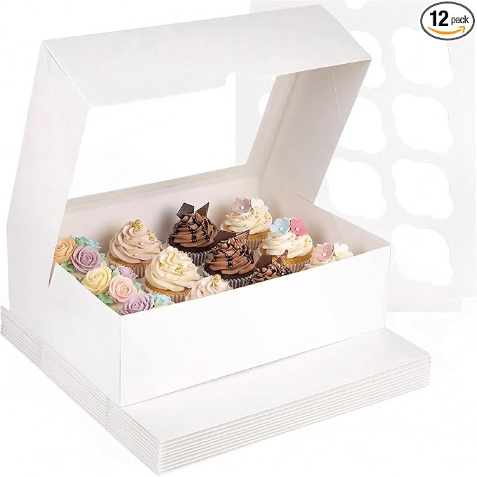 VGOODALL 12 Count Cupcake Boxes, 12PCS Cupcake Holder with Window White Pastry Boxes for Birthday Holiday Party Bakery Supplies