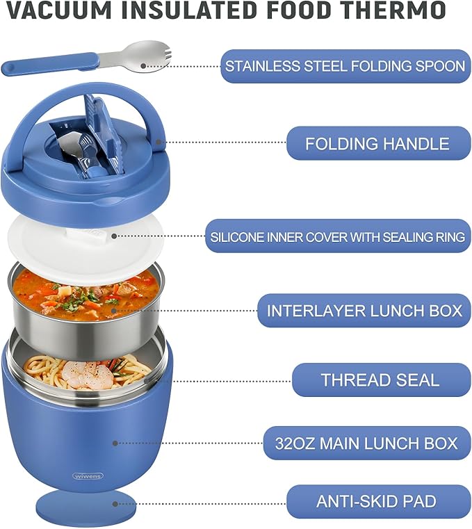 wiwens Thermo Food Jar for Hot Food Adults 32OZ Soup Thermo Lunch Containers Wide Mouth Vacuum Insulated Stainless Steel Leakproof Bento Box with Spoon (Blue)