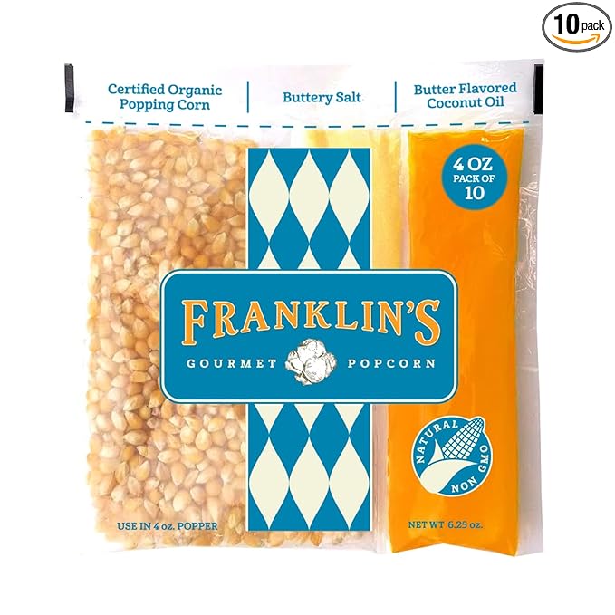 Franklin’s Gourmet Popcorn All-In-One Pre-Measured Packs - 4oz. Pack of 10 - Butter Flavored Coconut Oil + Butter Salt Popcorn Seasoning + Organic Corn - Authentic Movie Theater Taste – Made in USA