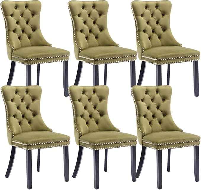 Velvet Dining Chairs Set of 6, Upholstered Dining Room Chairs with Back Ring Pull Trim and Solid Wood Legs,Tufted Wingback Kitchen Chairs for Dining Room,Living Room,Kitchen(Olive Green)