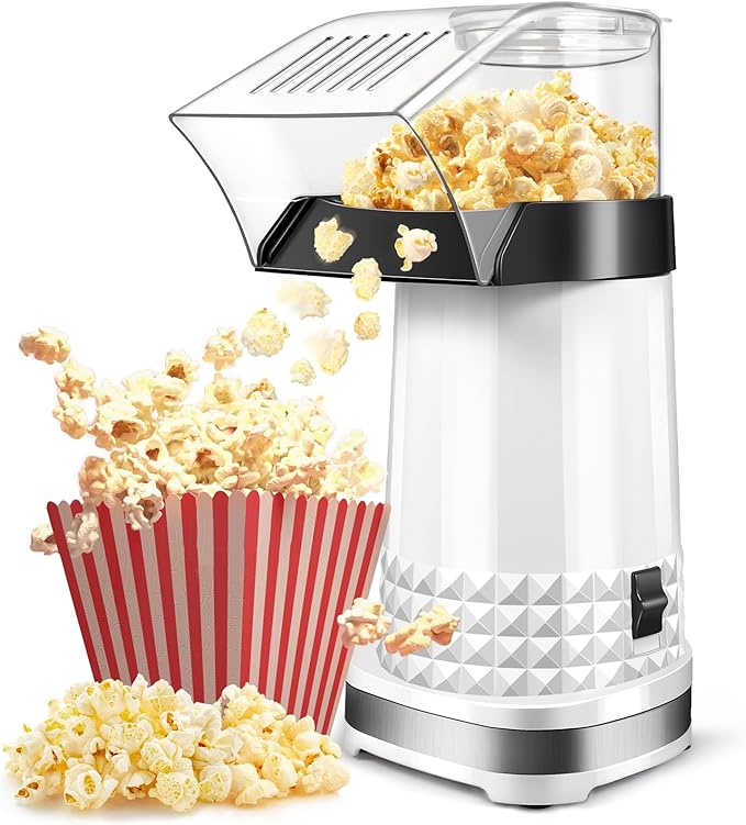 Quick & Easy 4.5Qt Oil-Free Hot Air Popcorn Machine - ETL Certified with Butter Melter, Measuring Cup & On/Off Switch for Movie Nights & Parties(White)