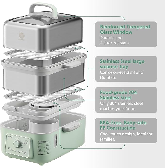 BUYDEEM G52 10.6 Quart 2-Tier Electric Food Steamer for 4-8 Servings, Vegetable Steamer for Cooking, 2-hour Keep Warm, 7 Preset Timings, Dual Boil-Dry Protection, Stainless Steel, Cozy Greenish