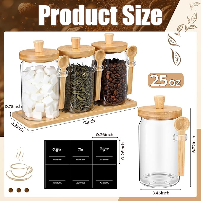 Suclain 3 Pcs Glass Coffee Container with Wooden Lid Spoon Shelf Labels Clear Airtight Jar Food Storage Canister Set for Sugar Spice Coffee Bean Holder Housewarming Gift(25 oz,Natural Bamboo)